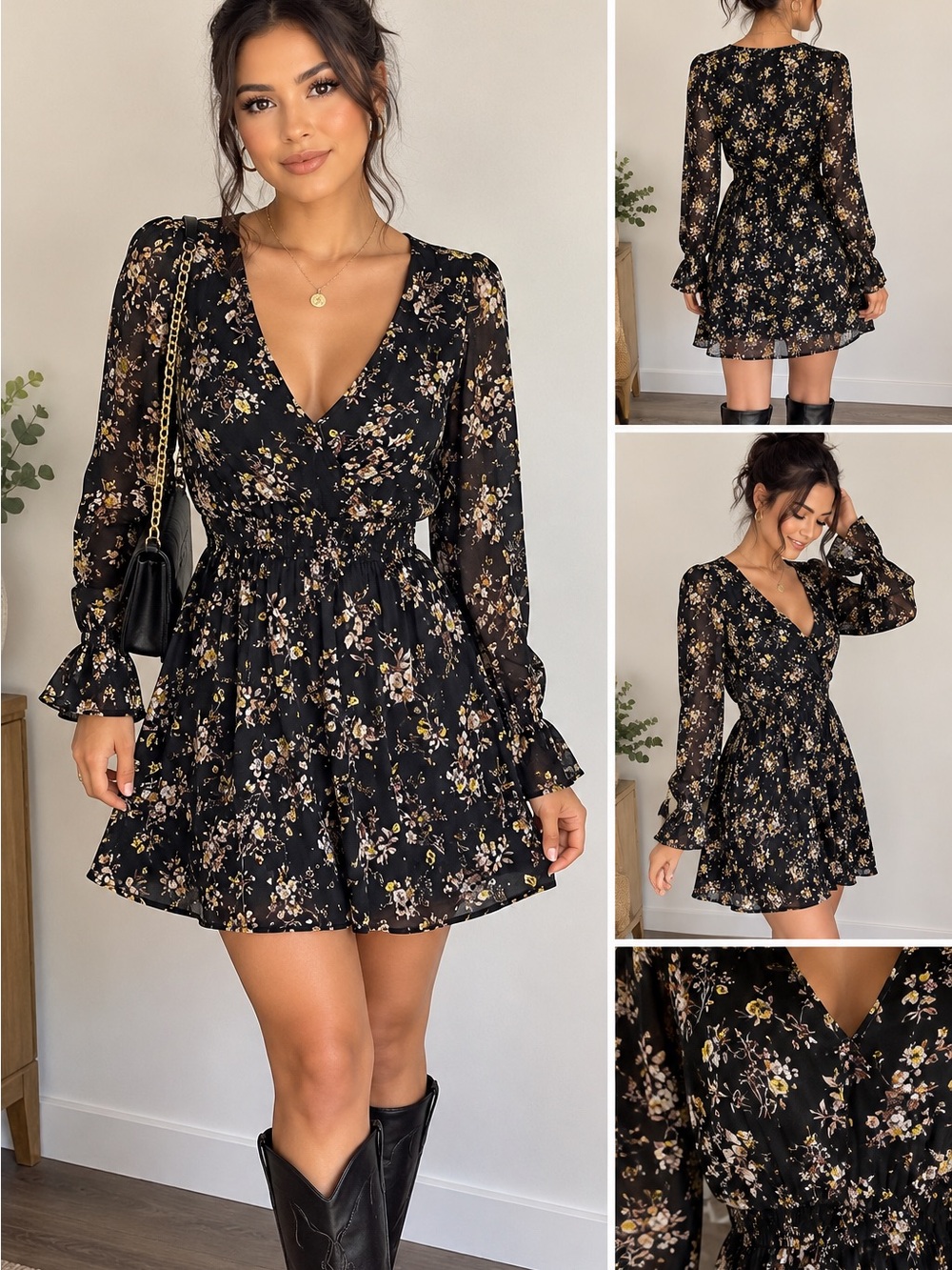 Blu Pepper Black Floral V-Neck Long Sleeve Mini Dress